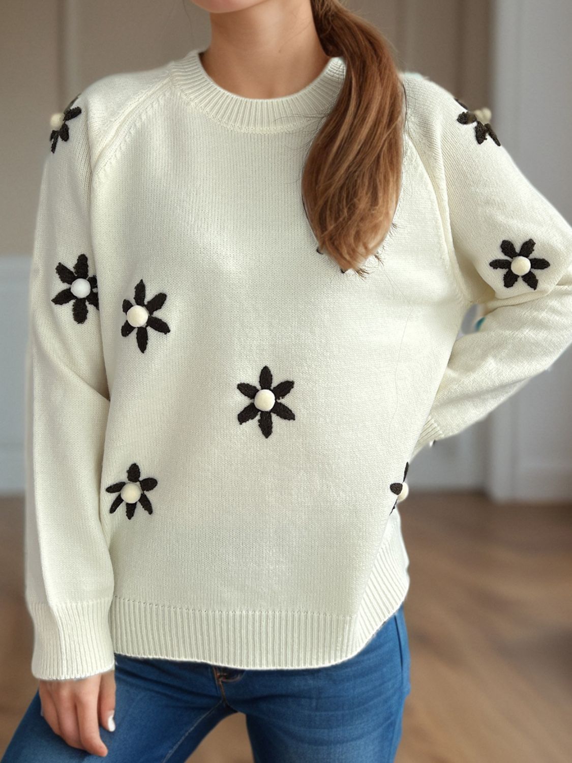 Flower Round Neck Raglan Sleeve Sweater - Charming Charlie