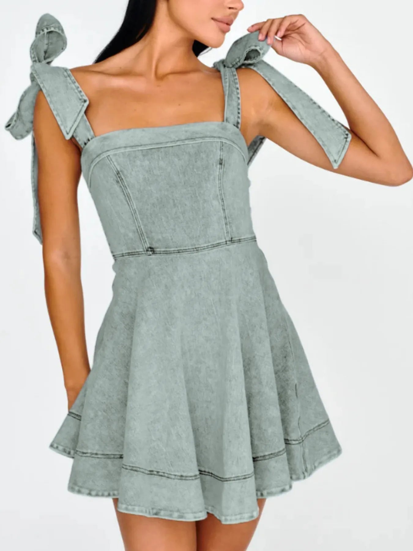 Bow-Shoulder Square Neck Denim Mini Dress – Charming Charlie