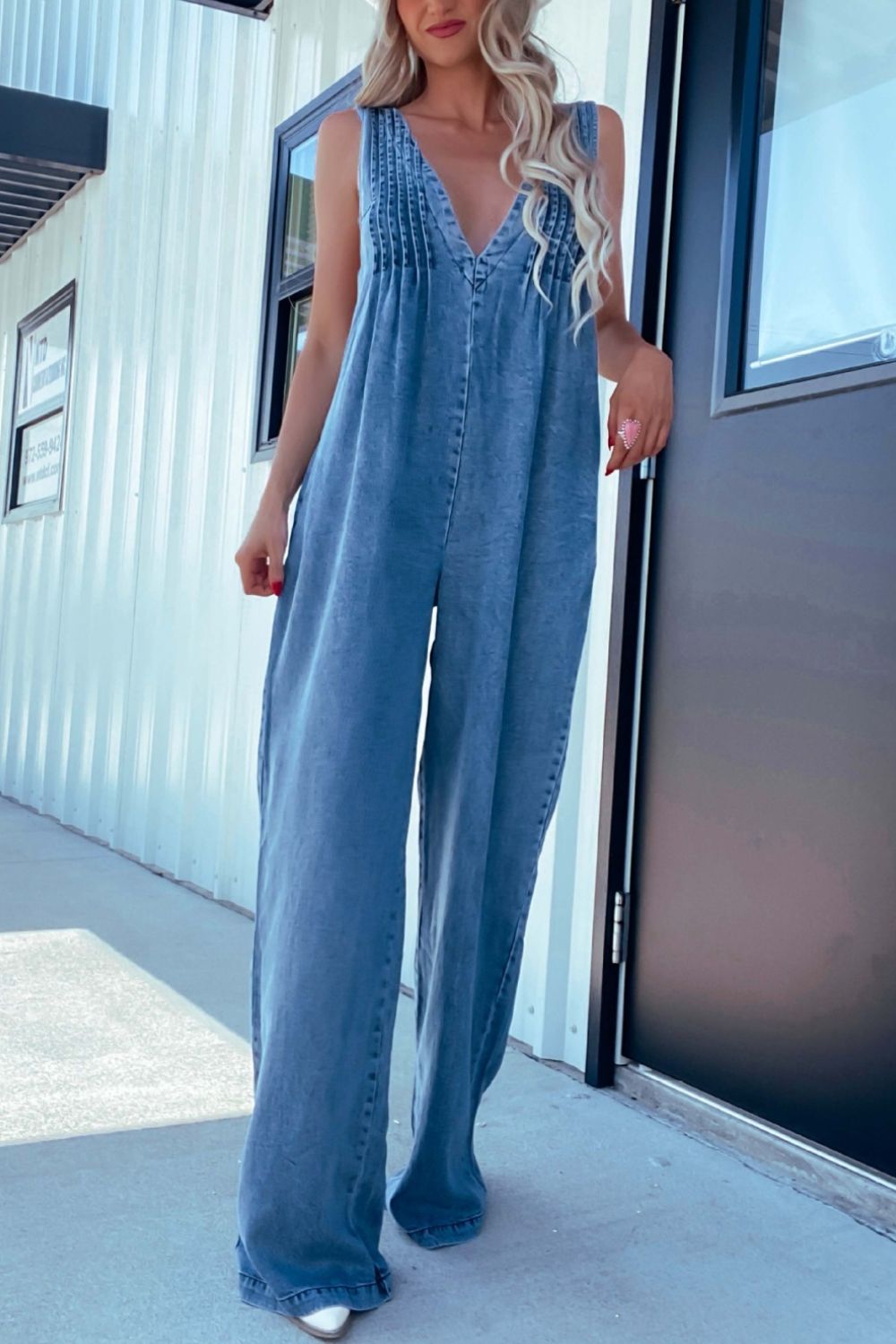 V-Neck Wide Leg Denim Jumpsuit – Charming Charlie