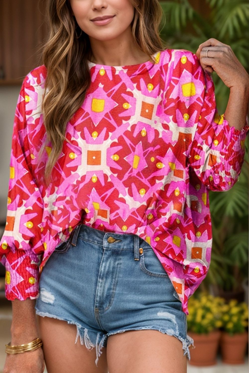 Smocked Cuff Printed Round Neck Long Sleeve Blouse - Charming Charlie