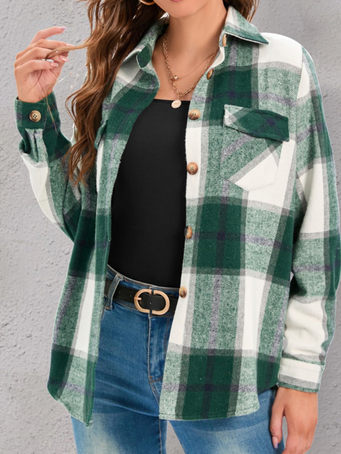 Full Size Pocketed Plaid Collared Neck Shacket - Charming Charlie