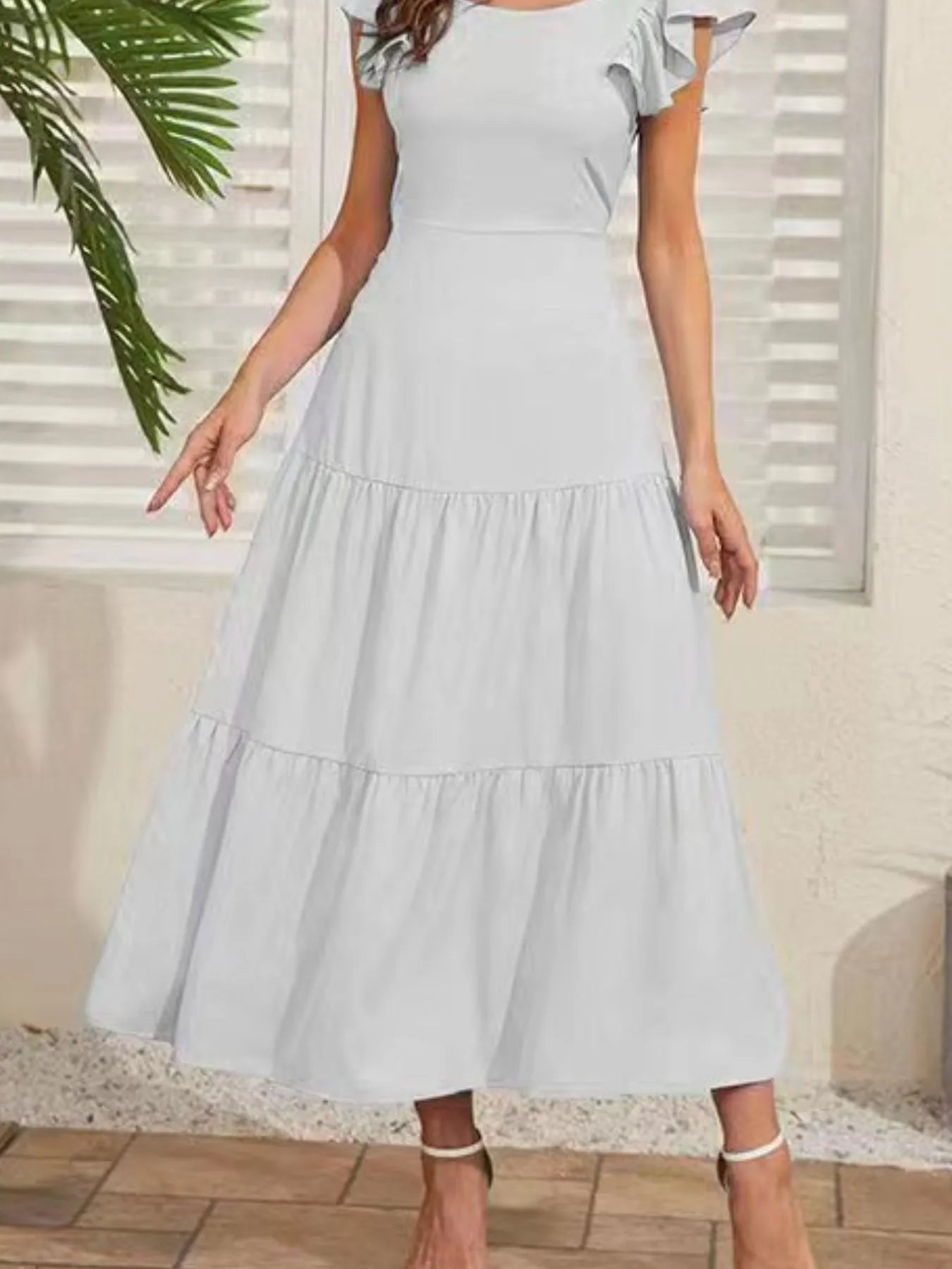 midi dress with sleeves summer Flutter Sleeve Cutout Summer Midi Dress White / M