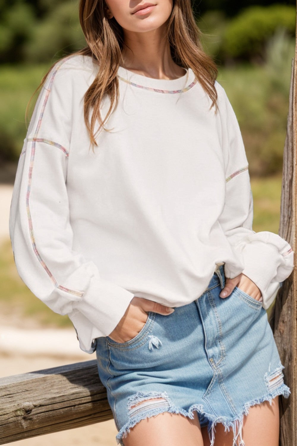 Rainbow Trim Round Neck Long Sleeve Sweatshirt - Charming Charlie