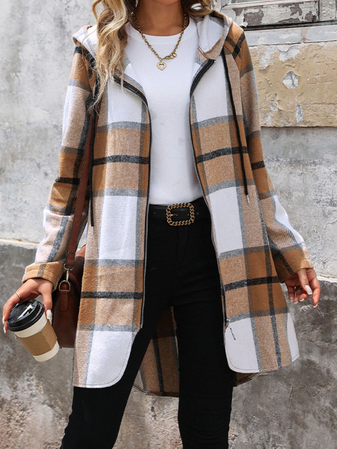 Drawstring Plaid Zip Up Long Sleeve Hooded Outerwear - Charming Charlie