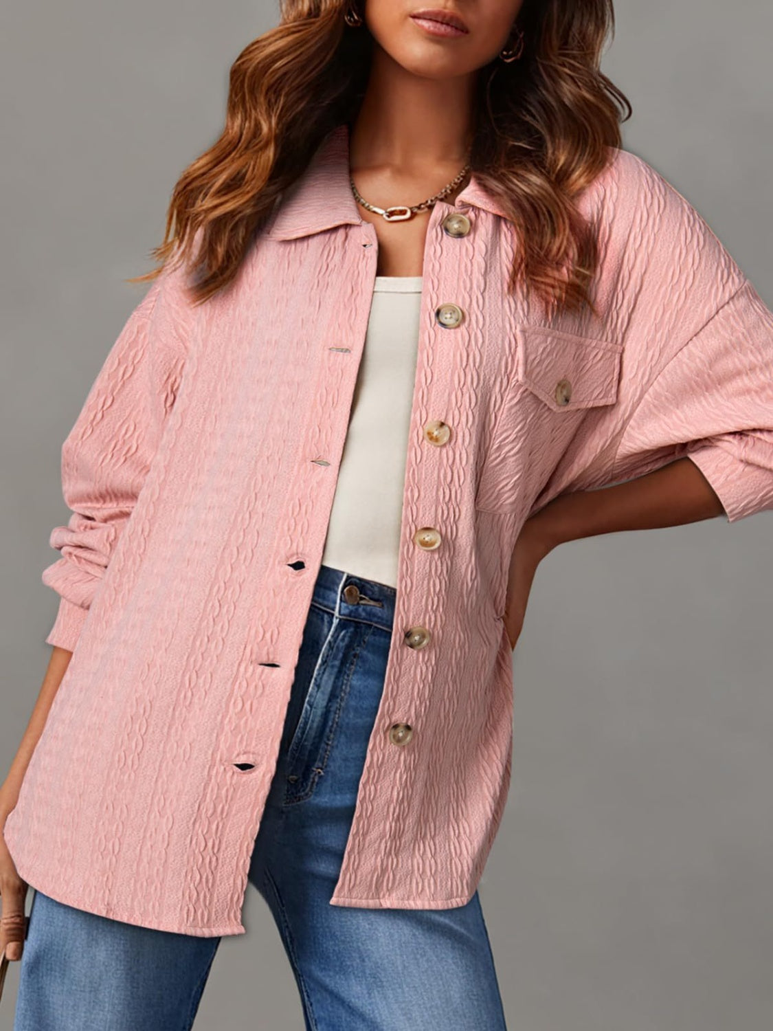 Textured Button Up Long Sleeve Shacket - Charming Charlie