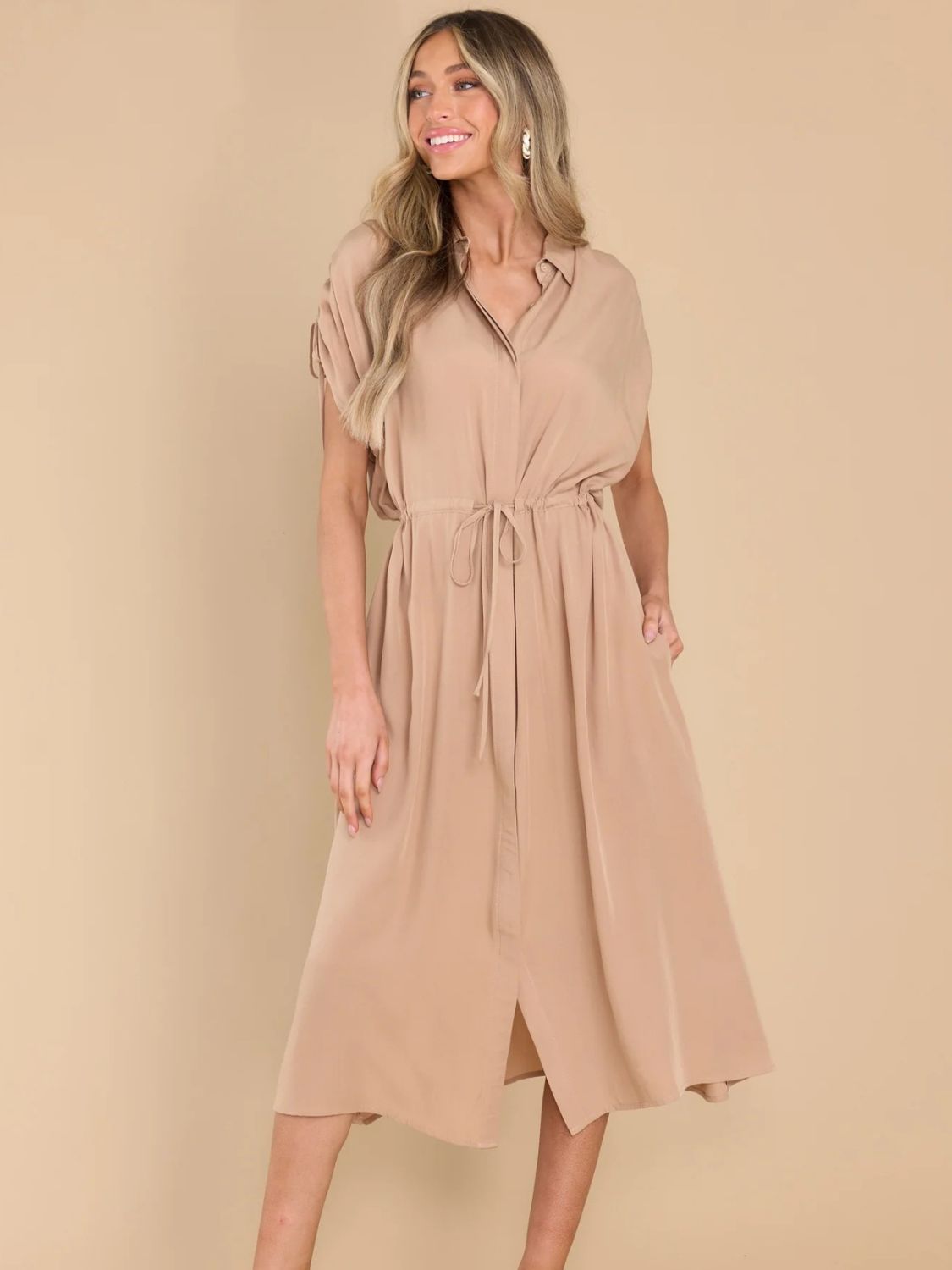 Drawstring Collared Neck Short Sleeve Midi Dress - Charming Charlie