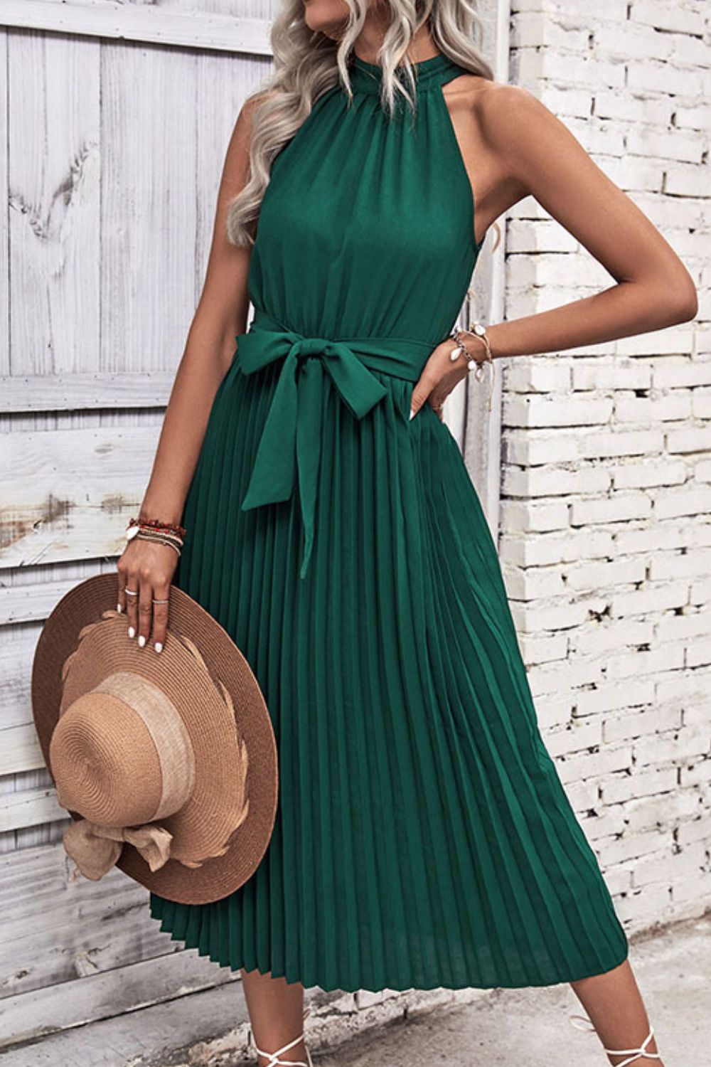Tie Belt Pleated Midi Dress Forest / XL Tie Belt Pleated Midi Dress Forest / XL