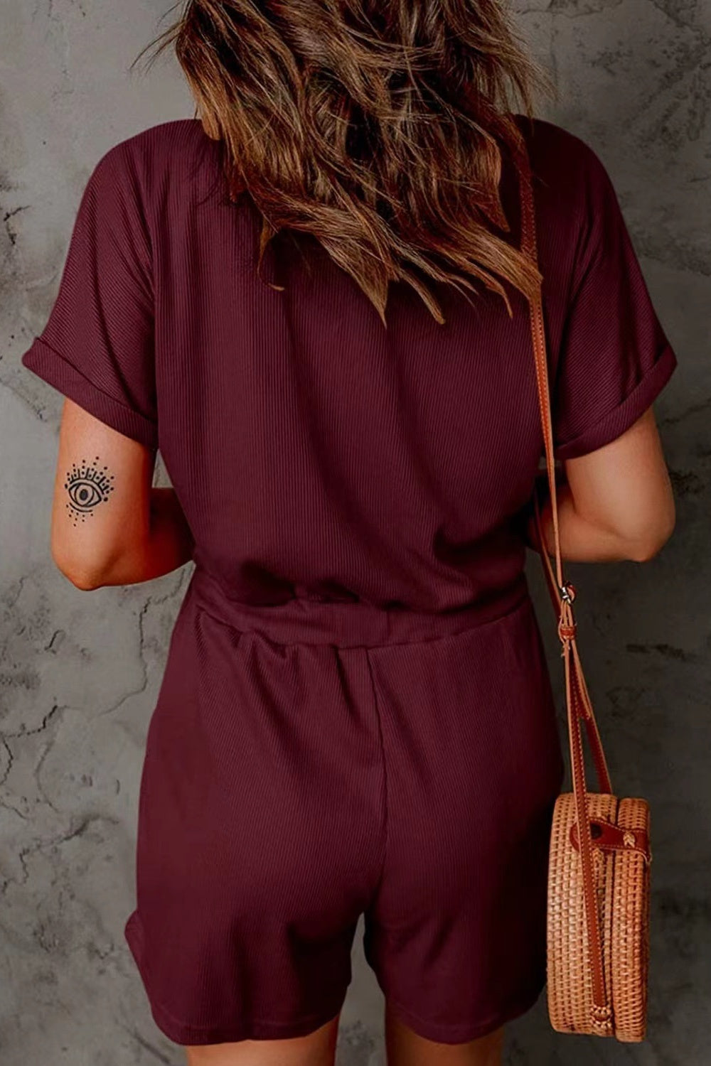 Full Size Drawstring V-Neck Short Sleeve Romper - Charming Charlie