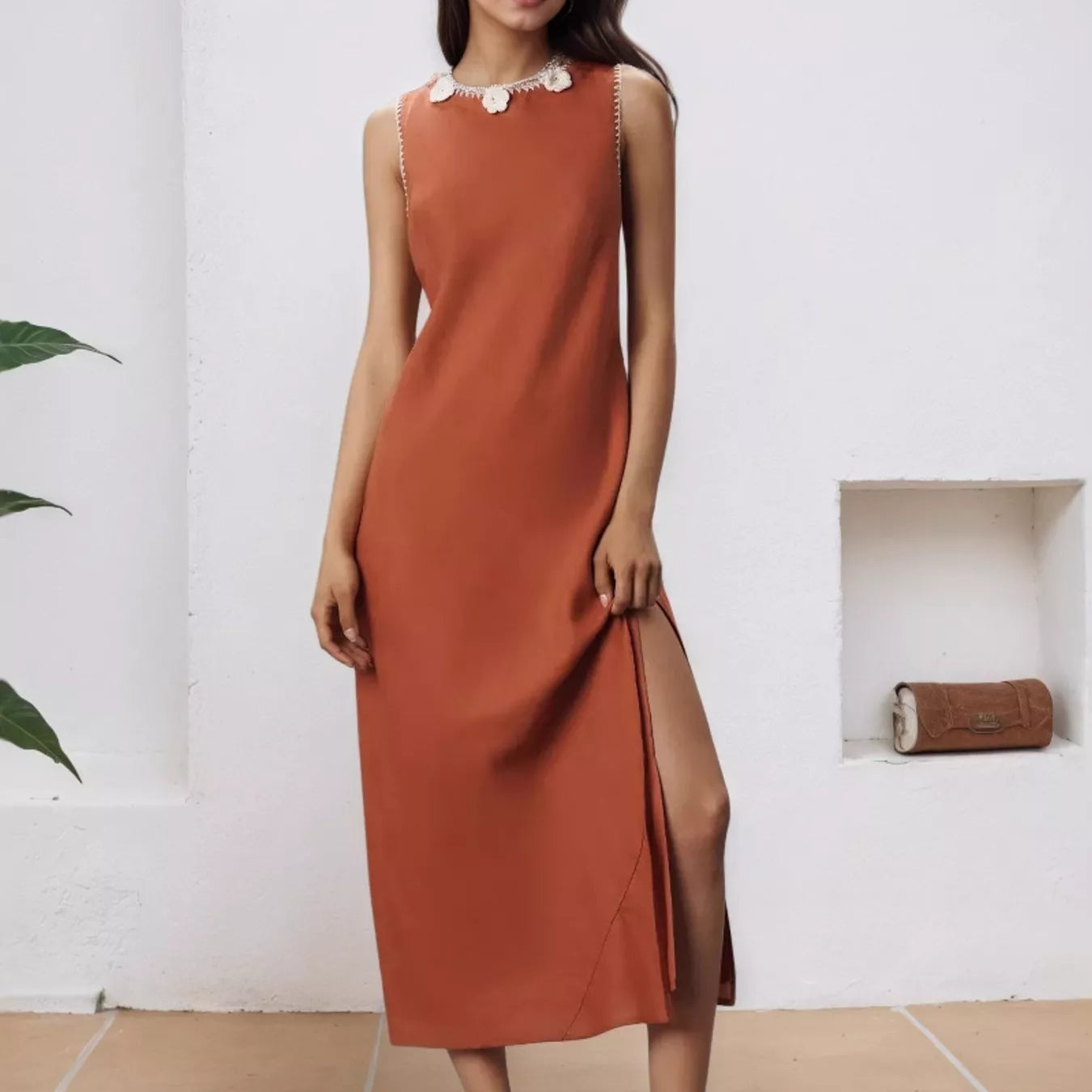 What Color Shoes To Wear With Midi Dress Silk Rust Dress Slit Round Neck Sleeveless Midi What Color Shoes To Wear With Midi Dress Silk Rust Dress Slit Round Neck Sleeveless Midi