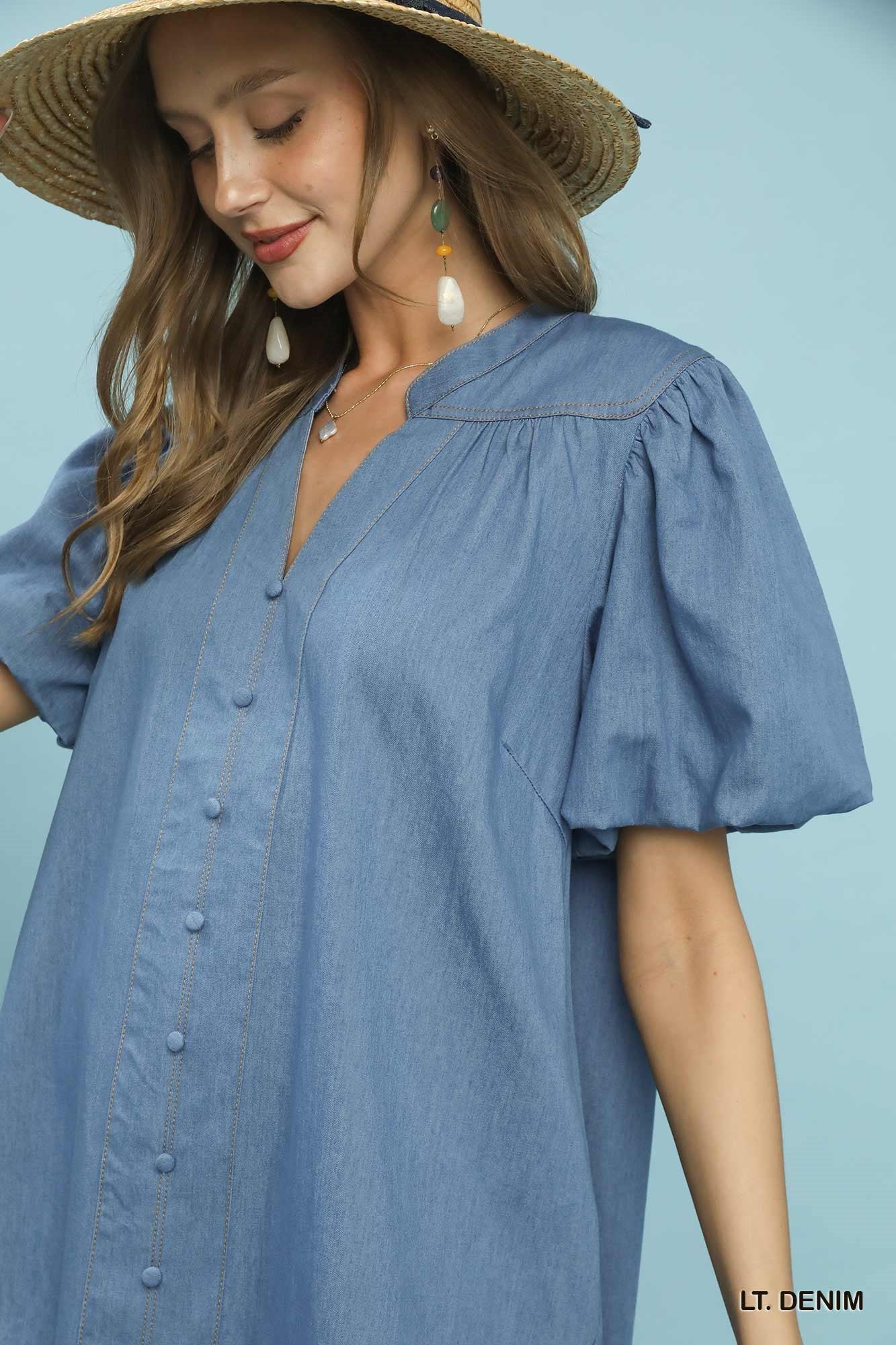 Umgee Chambray Puff Sleeve Dress LT. DENIM / M