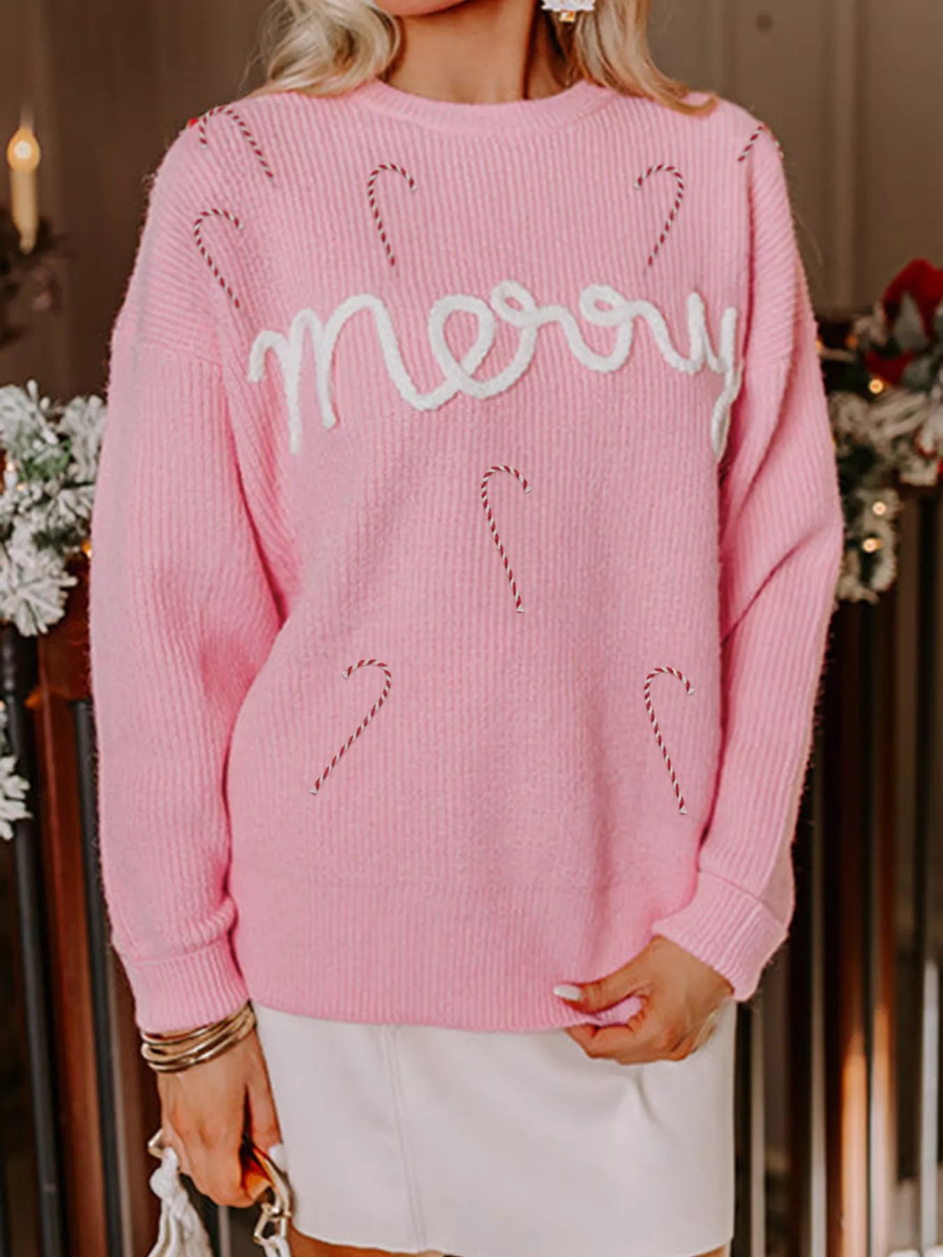 Merry Candy Cane Christmas Crew Neck Sweater Blush Pink / L