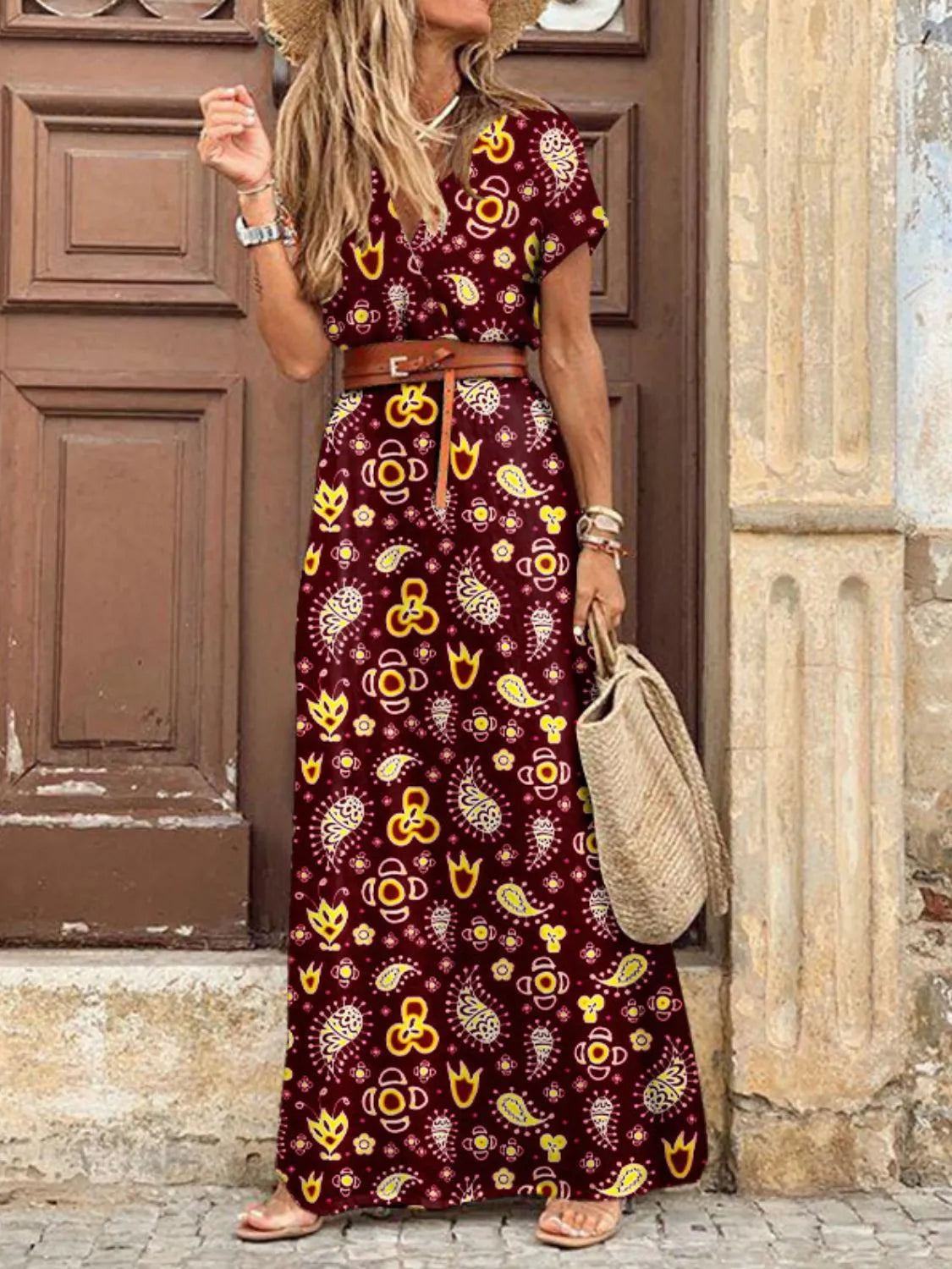 Full Size Printed V-Neck Short Sleeve Maxi Dress Plus Size Blue / XXXL Full Size Printed V-Neck Short Sleeve Maxi Dress Plus Size Blue / XXXL
