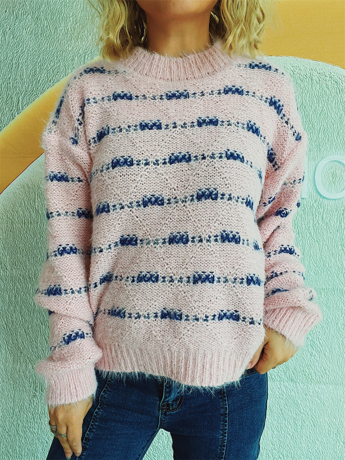 Striped Round Neck Long Sleeve Sweater - Charming Charlie