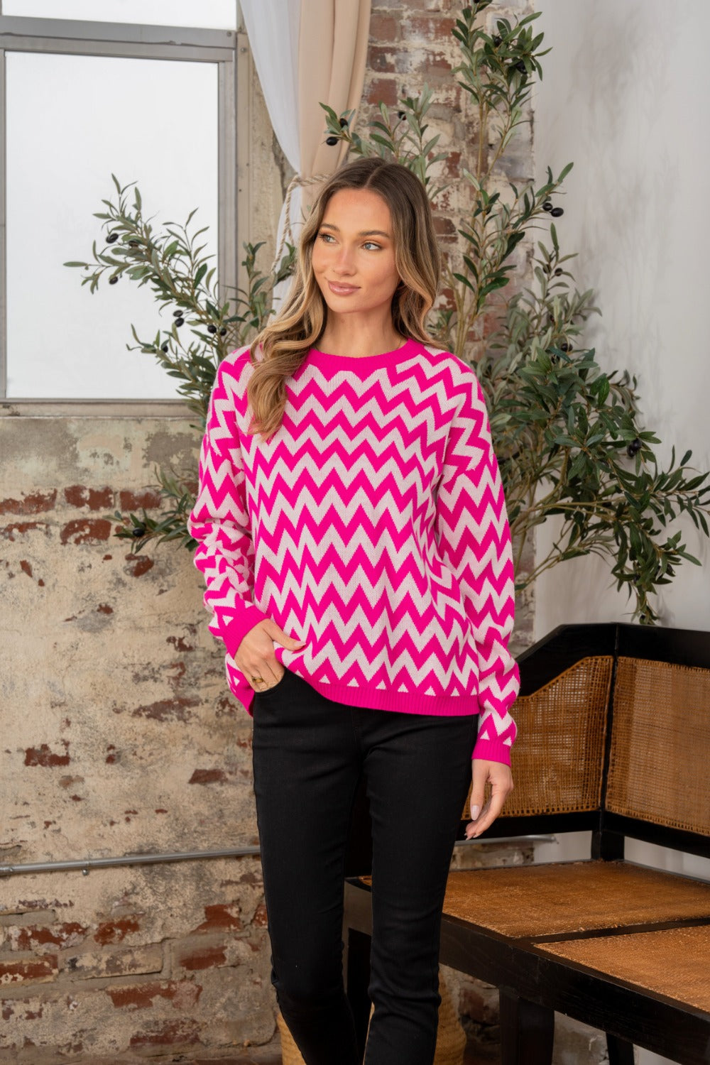 Sew In Love Full Size Wave Stripe Contrast Long Sleeve Sweater - Charming Charlie