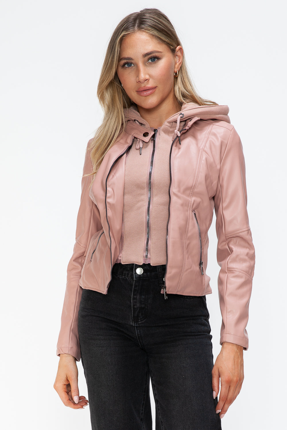 Snobbish Faux Leather Zip Up Drawstring Hooded Jacket – Charming