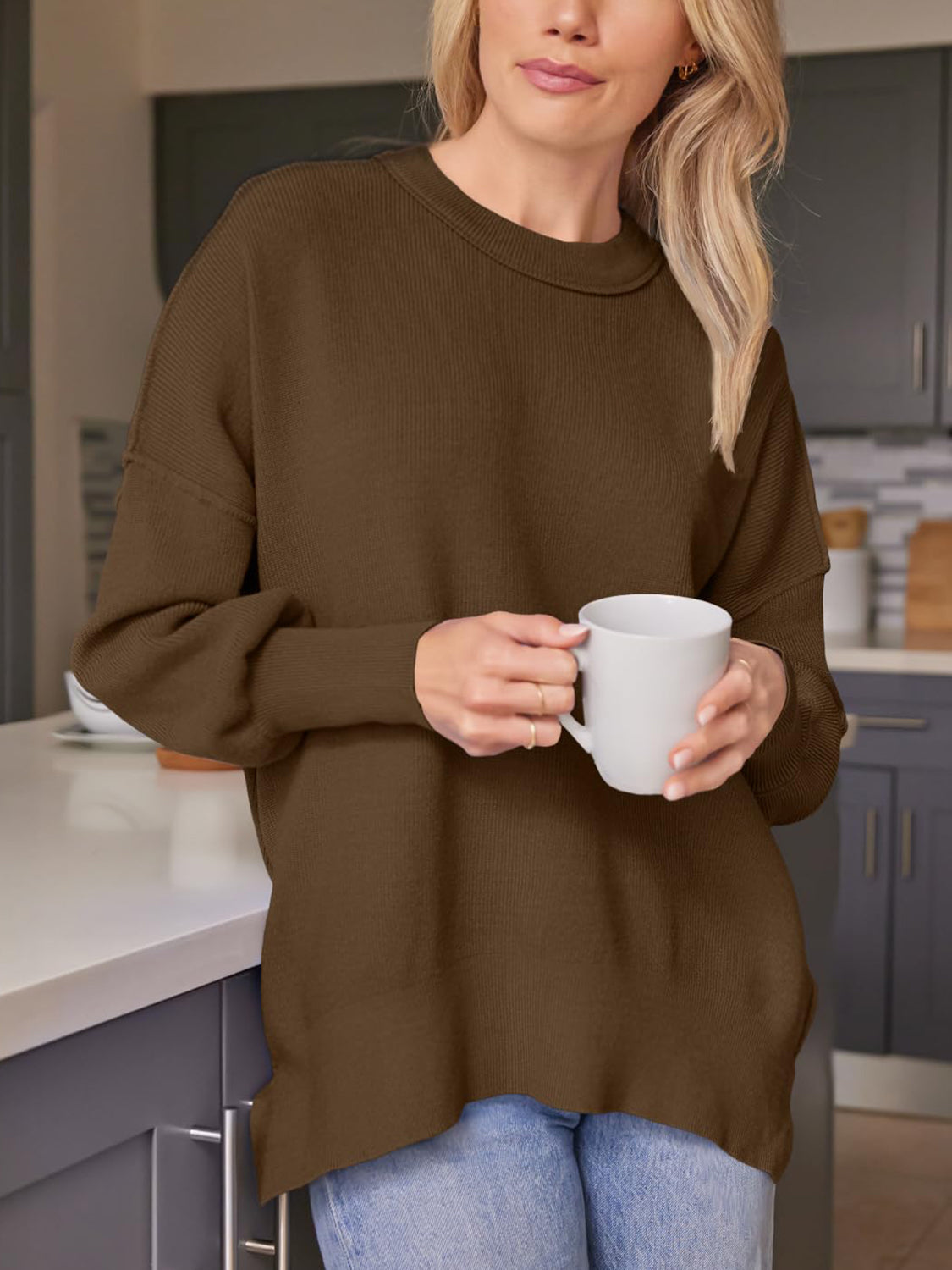 Slit Round Neck Dropped Shoulder Sweater - Charming Charlie