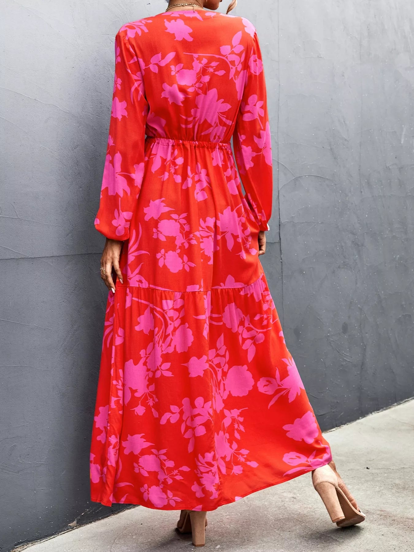 Wholesale MOQ6 Floral Drawstring Waist Long Sleeve Dress Wholesale MOQ6 Floral Drawstring Waist Long Sleeve Dress