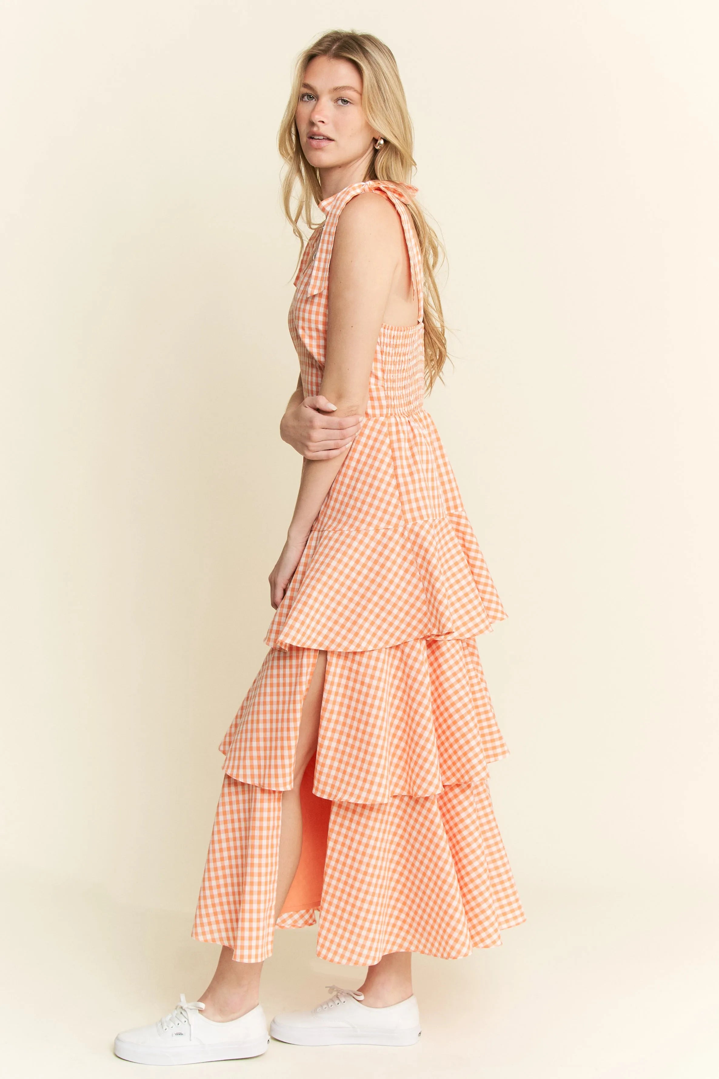 knee length dresses for ladies Sunset Orange Gingham Cotton Midi Dress 5XL main image 1