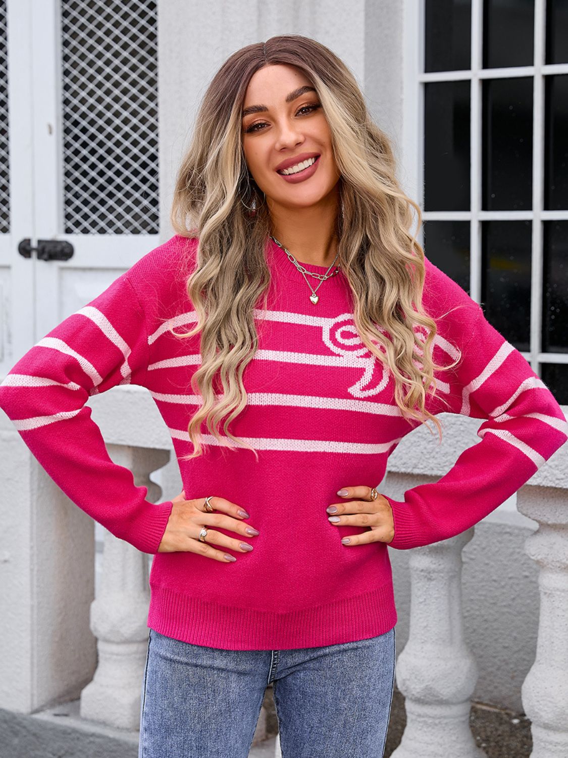 Striped Round Neck Long Sleeve Sweater - Charming Charlie