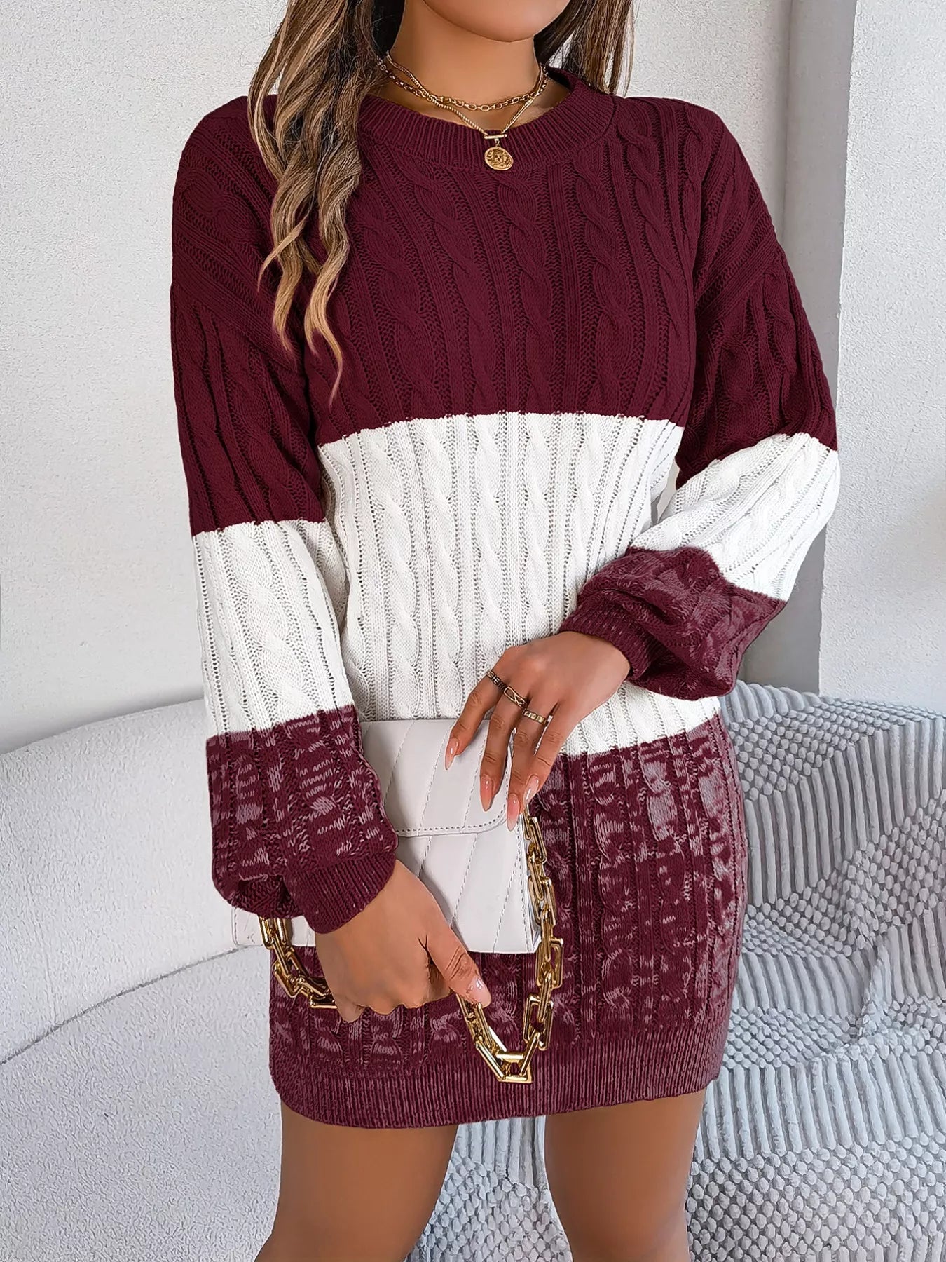 Color Block Cable Knit Sweater Dress with Textured Pattern Burgundy / M