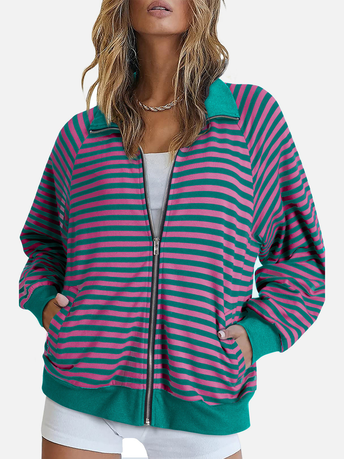 Striped Zip Up Long Sleeve Sweatshirt - Charming Charlie