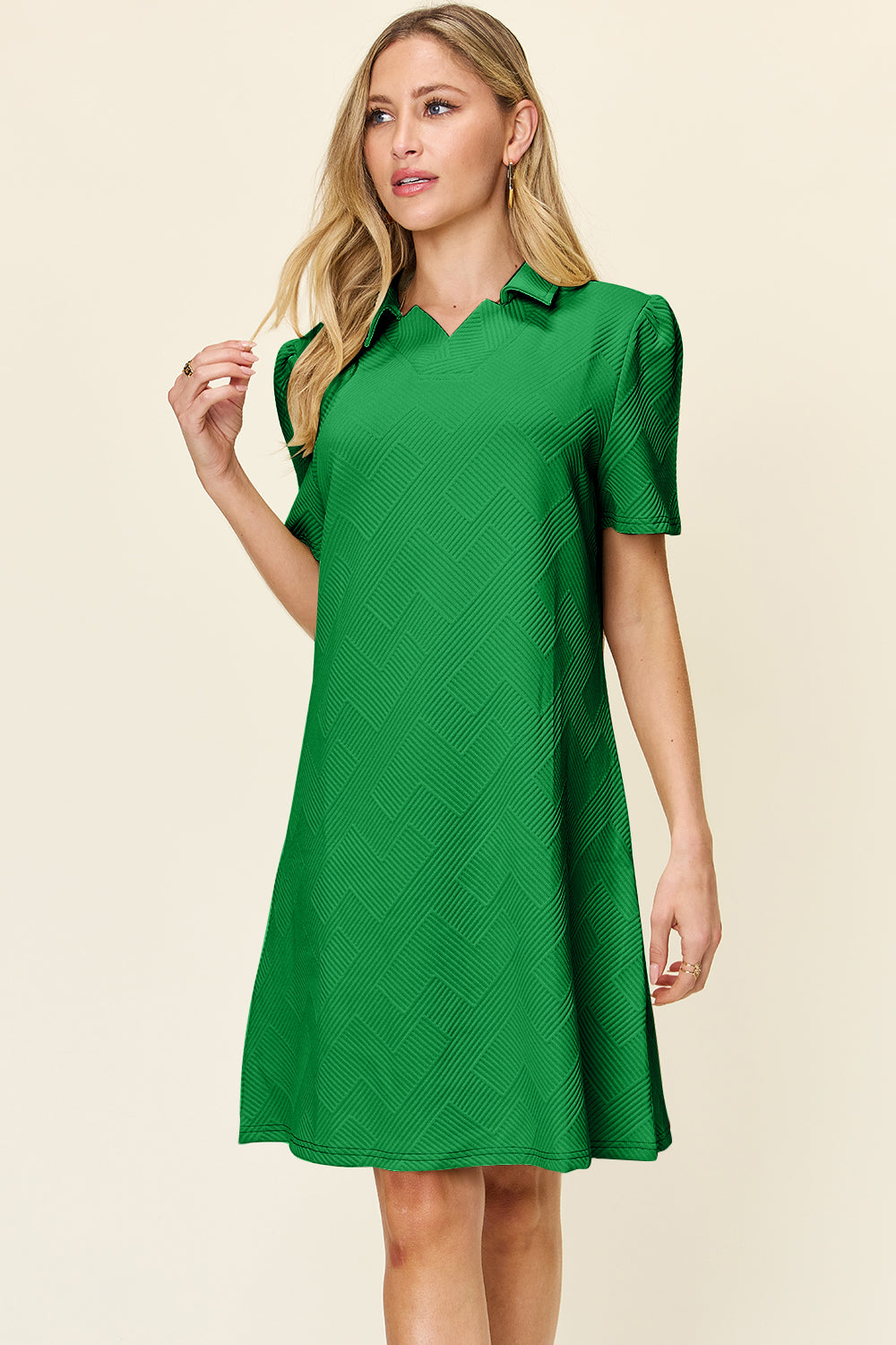 Double Take Full Size Texture Collared Neck Short Sleeve Dress - Charming Charlie
