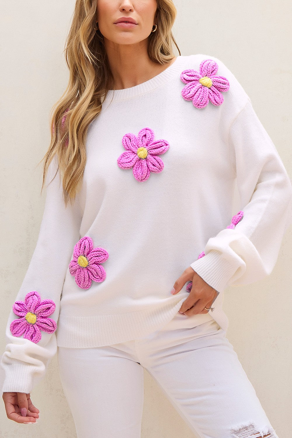 White Floral Crochet Sleeve Ribbed Knit Sweater main image 0