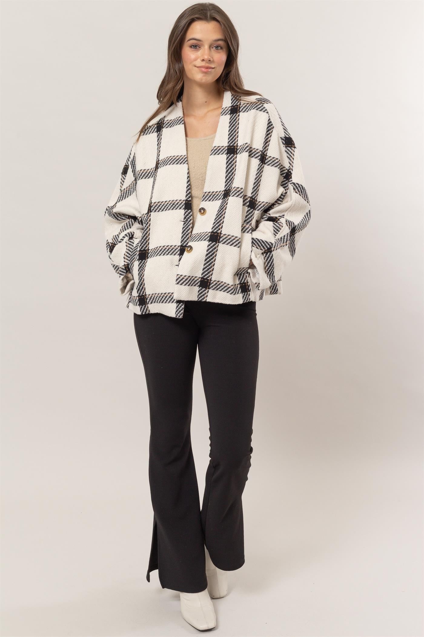 HYFVE Plaid Long Sleeve Jacket with Side Slit Pockets – Charming