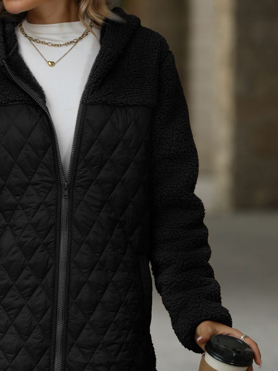 Texture Zip Up Long Sleeve Hooded Coat - Charming Charlie