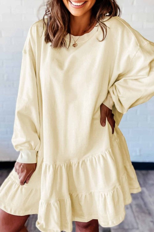 Solid Tiered Ruffle Hem Long Sleeve Dress Beige / M Solid Tiered Ruffle Hem Long Sleeve Dress Beige / M