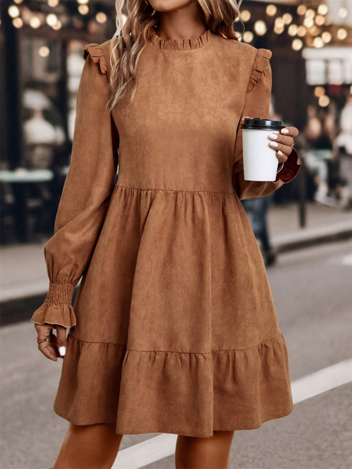 Frill Round Neck Long Sleeve Mini Dress - Charming Charlie