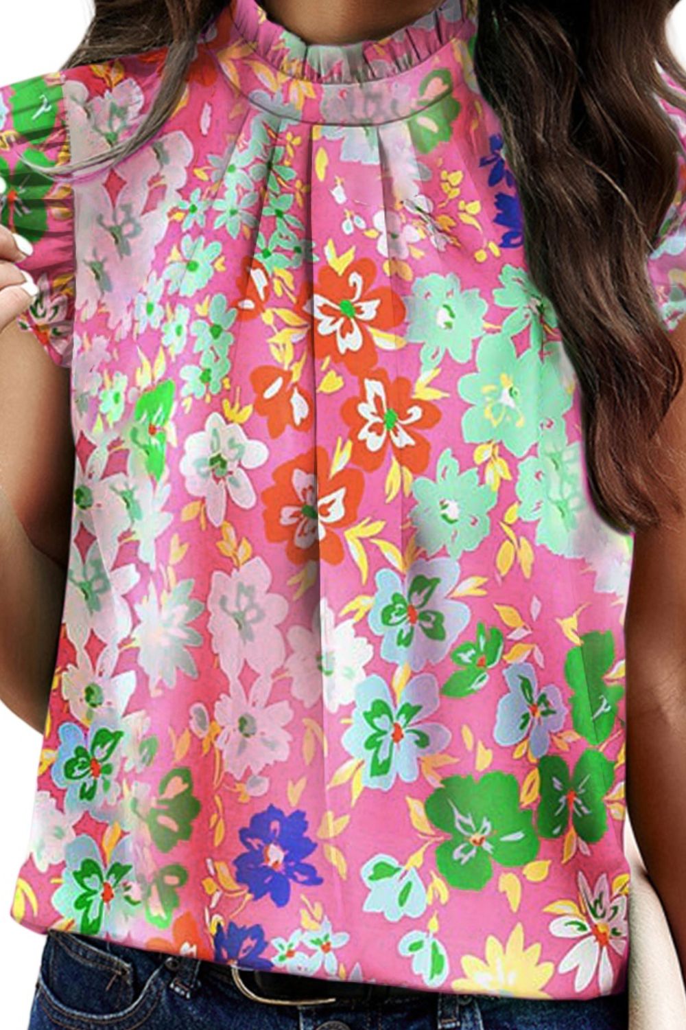 Ruffled Printed Mock Neck Cap Sleeve Blouse - Charming Charlie