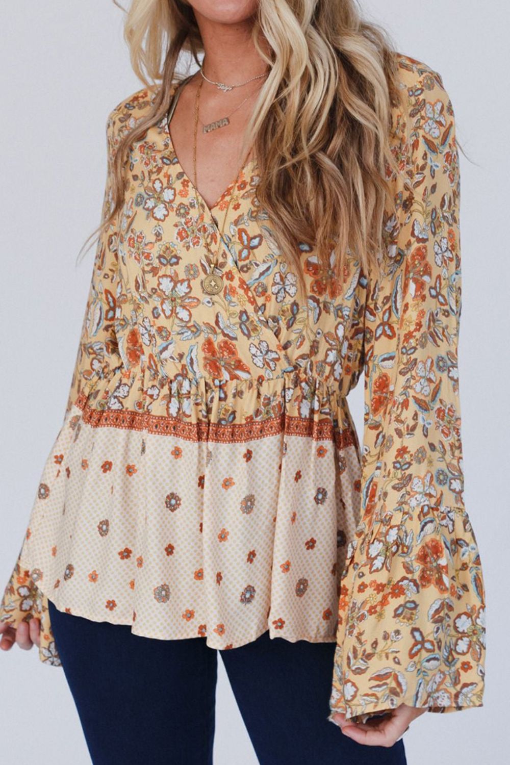 Peplum Printed Surplice Flare Sleeve Blouse - Charming Charlie
