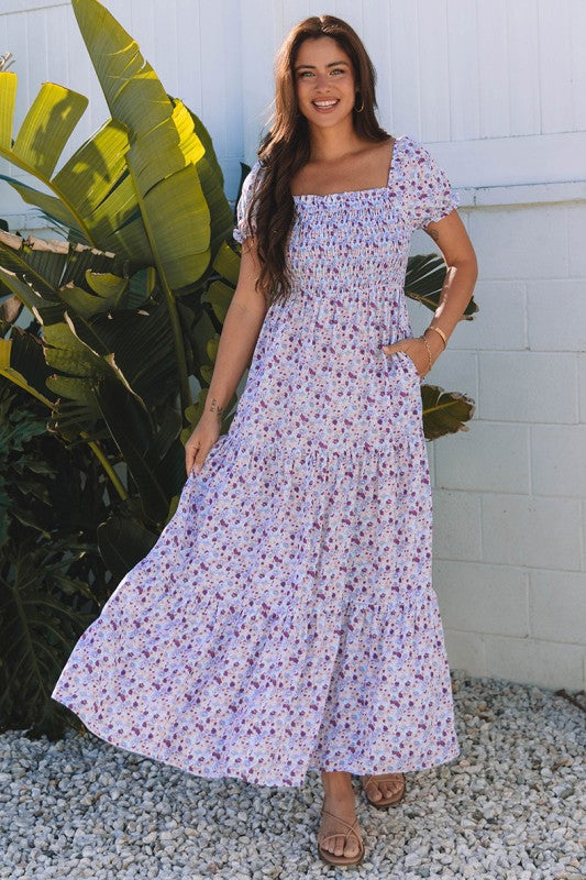 Purple Floral Short Bubble Sleeve Shirred High Waist Maxi Dress Purple / S / 100%Polyester Purple Floral Short Bubble Sleeve Shirred High Waist Maxi Dress Purple / S / 100%Polyester
