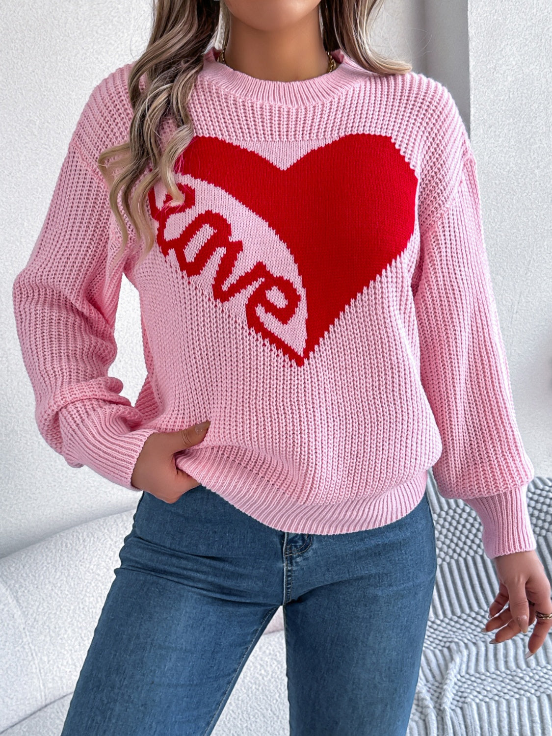 LOVE Heart Round Neck Dropped Shoulder Sweater - Charming Charlie