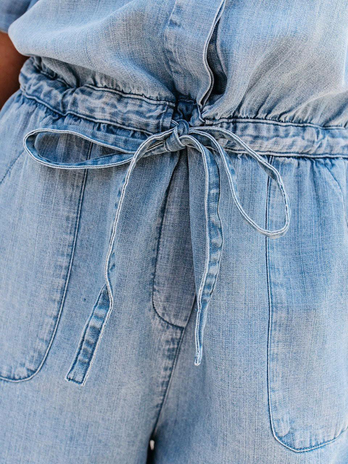 Drawstring Half Button Half Sleeve Denim Romper - Charming Charlie