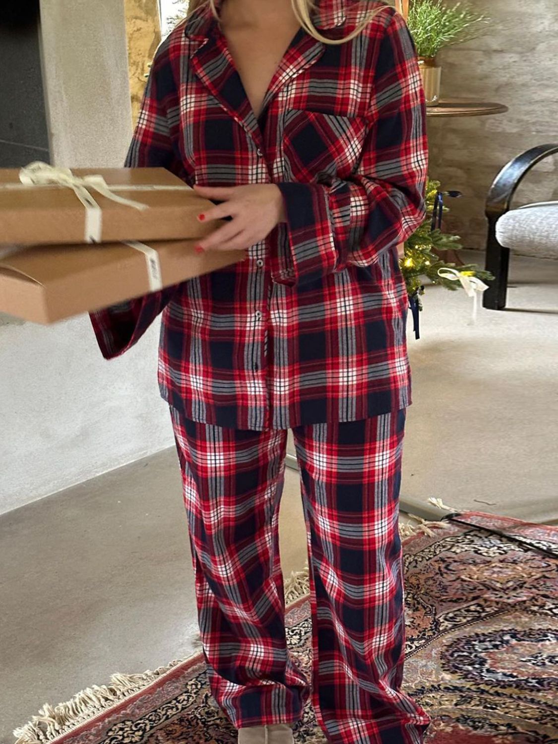 Plaid Collared Neck Button Up Top and Pants Lounge Set - Charming Charlie
