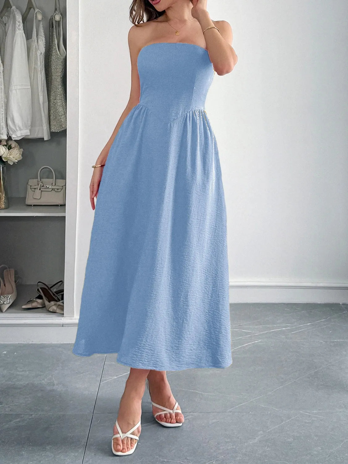 Strapless A-Line Midi Dress with Pockets Light Blue / L Strapless A-Line Midi Dress with Pockets Light Blue / L