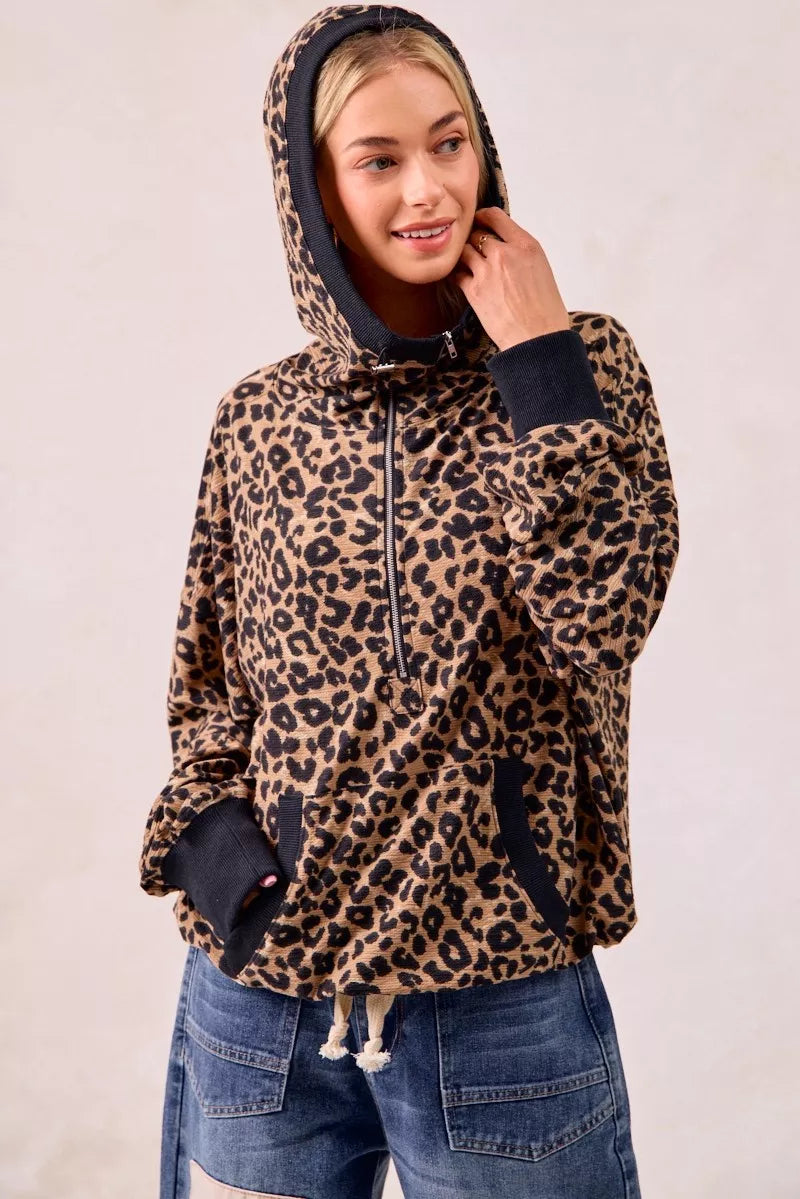 BiBi Leopard Print Waffle Half Zip Up Hoodie W Pocket – Charming