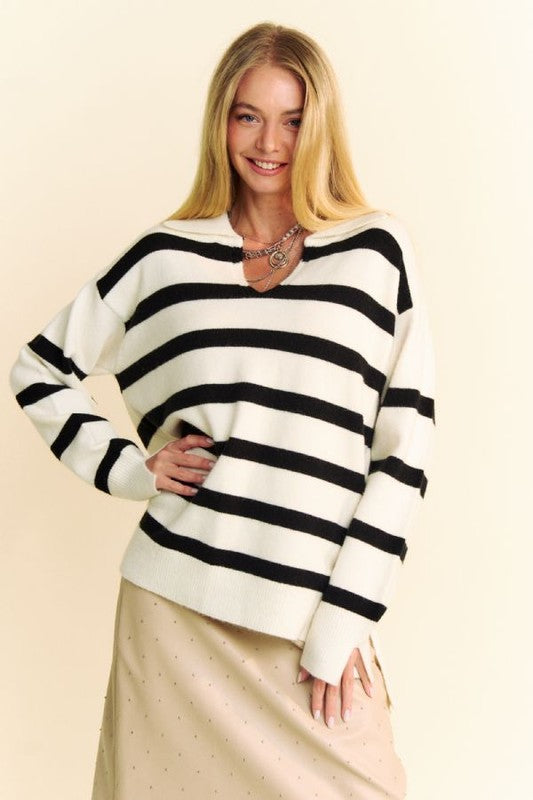 Davi & Dani High-Low Side Slit Striped Johnny Collar Sweater - Charming Charlie