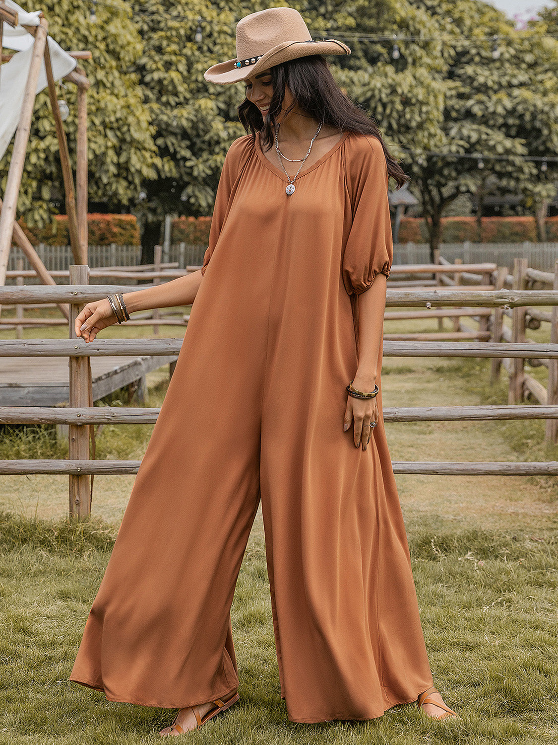 Scoop Neck Half Sleeve Wide Leg Jumpsuit – Charming Charlie