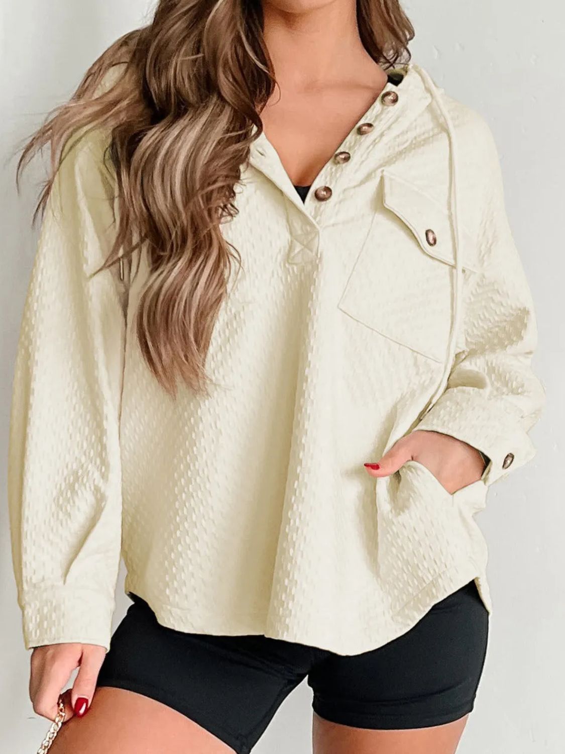 Drawstring Half Button Long Sleeve Hoodie - Charming Charlie