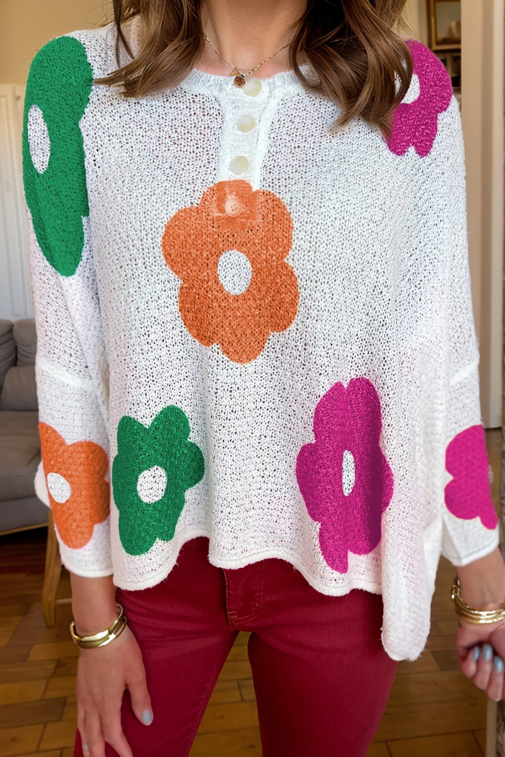 Flower Round Neck Quarter Button Knit Top - Charming Charlie