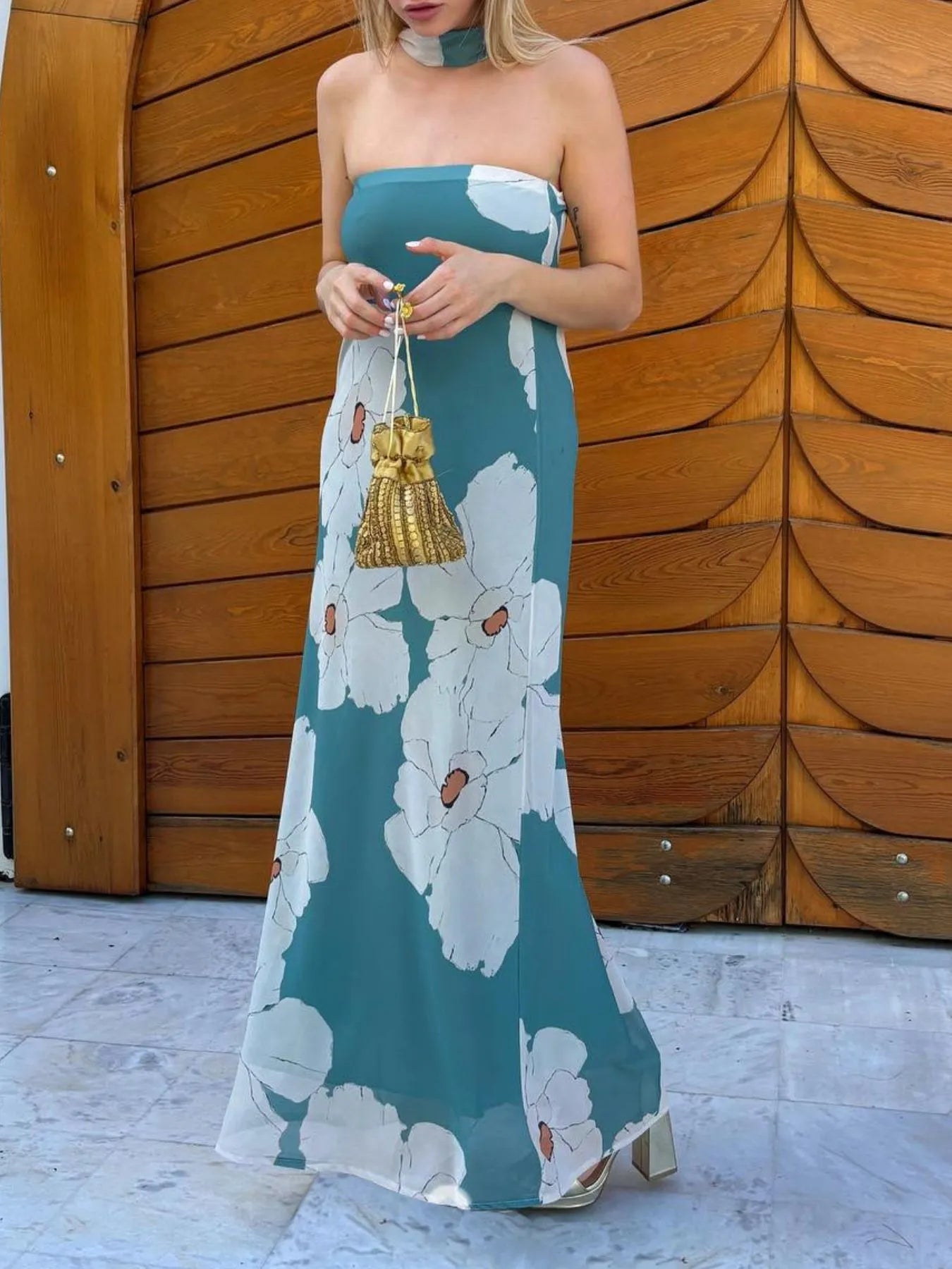 Printed Tube Maxi Dress Teal / L