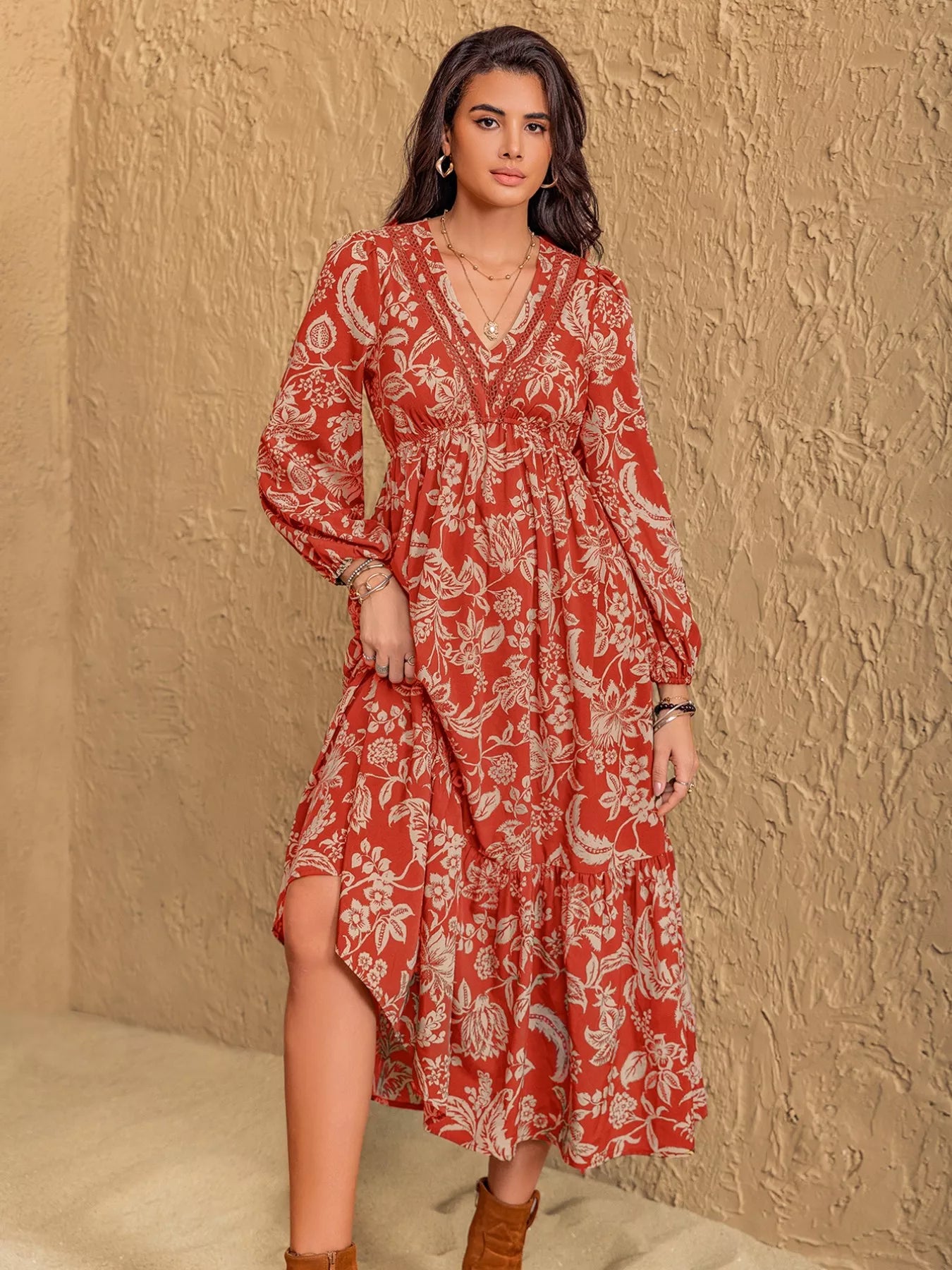 long sleeve floral boho dress Print Midi Rust / L Size:11 ½ G Short Sleeve Dresses Small-X-Large over floral boho pattern Modest Ice Blue Lace