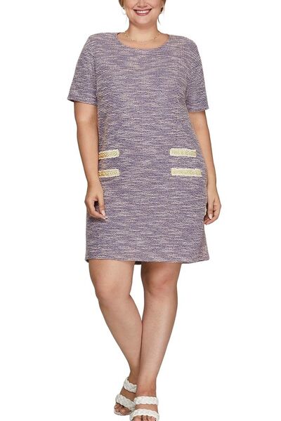 Sample She + Sky Full Size Short Sleeve Pearl Studded Trim Knit Tweed Dress Plus Size