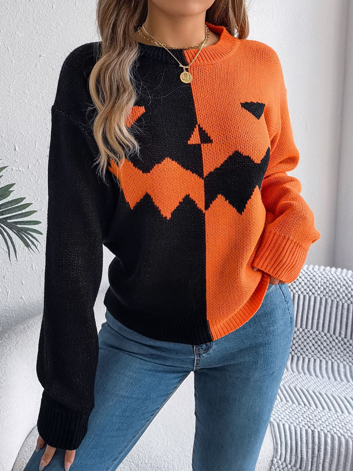 Contrast Round Neck Long Sleeve Sweater - Charming Charlie