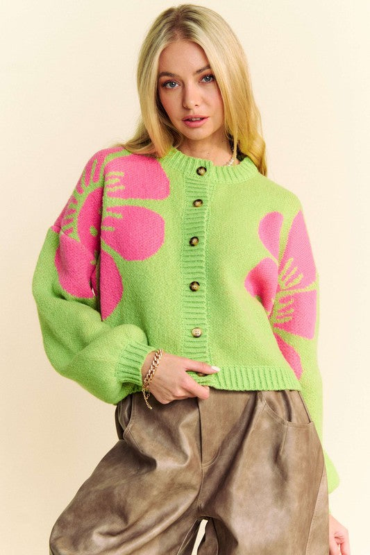 Davi & Dani Flower Contrast Round Neck Long Sleeve Cardigan - Charming Charlie
