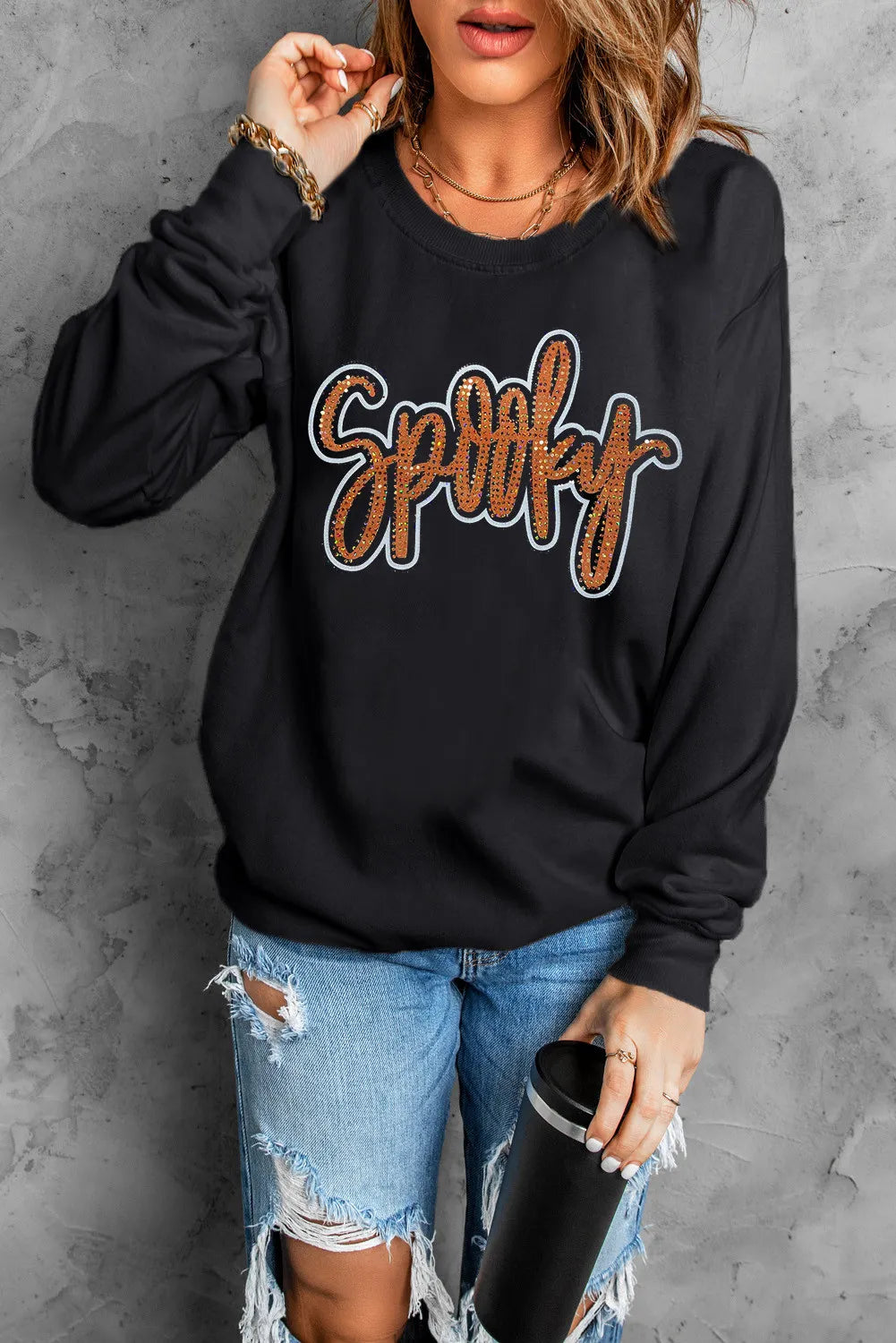 SPOOKY Rhinestone Round Neck Long Sleeve Sweatshirt - Charming Charlie