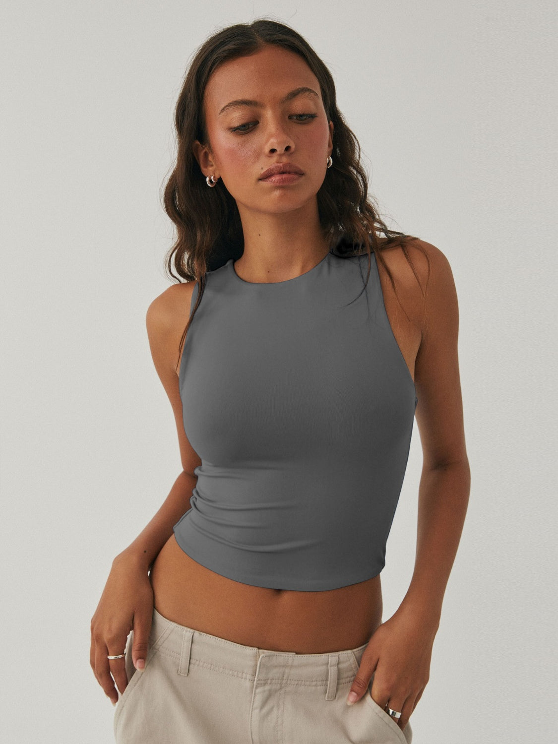 POL Ribbed Round Neck Cropped Tank with Lace Detail